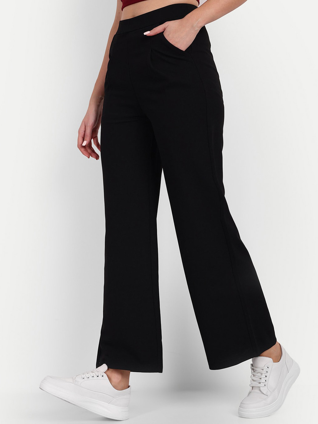

BROADSTAR Women Tailored Straight Fit High-Rise Easy Wash Parallel Trousers, Black