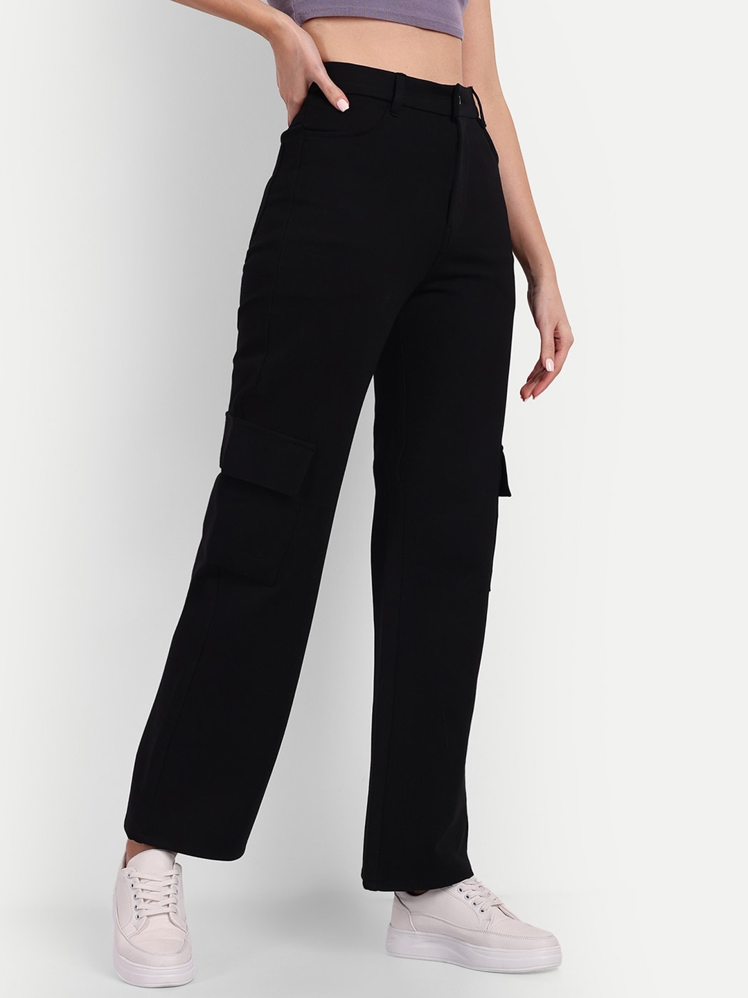 

BROADSTAR Women Relaxed Straight Leg High-Rise Cargo Trousers, Black