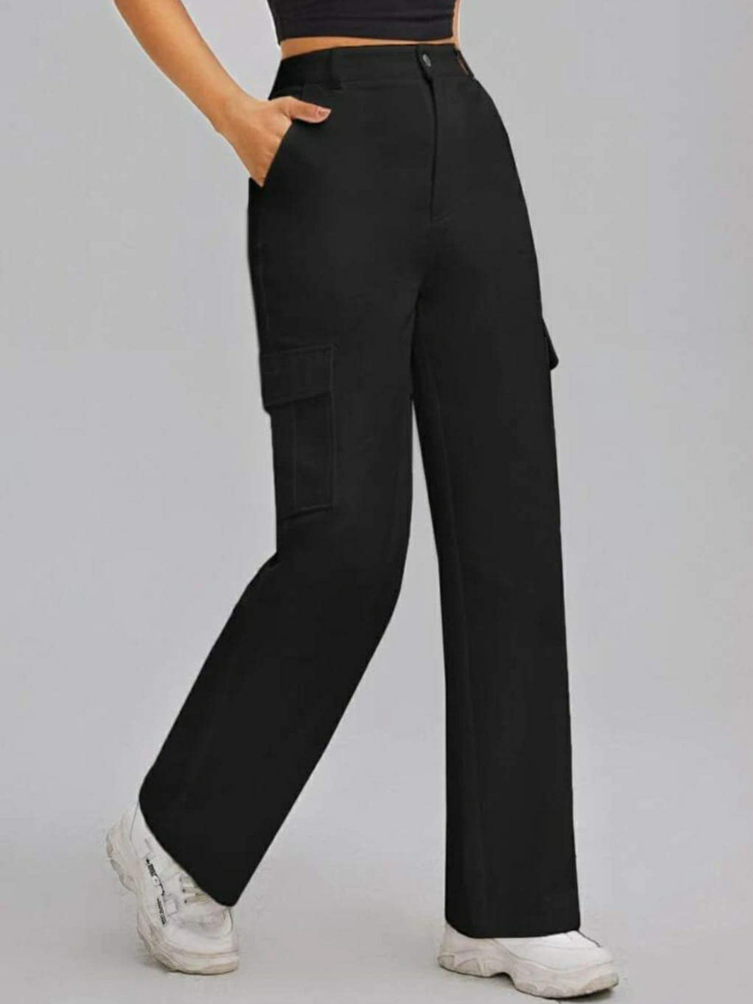 

BROADSTAR Women Relaxed Straight Leg High-Rise Easy Wash Cargo Trousers, Black
