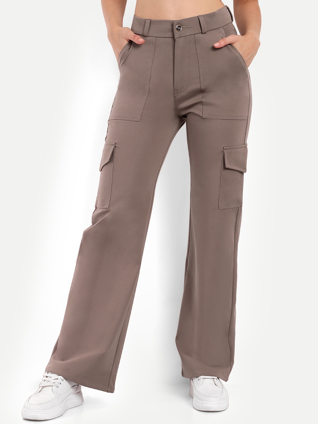 

BROADSTAR Women Relaxed Straight Fit High-Rise Easy Wash Cargo Trousers, Brown