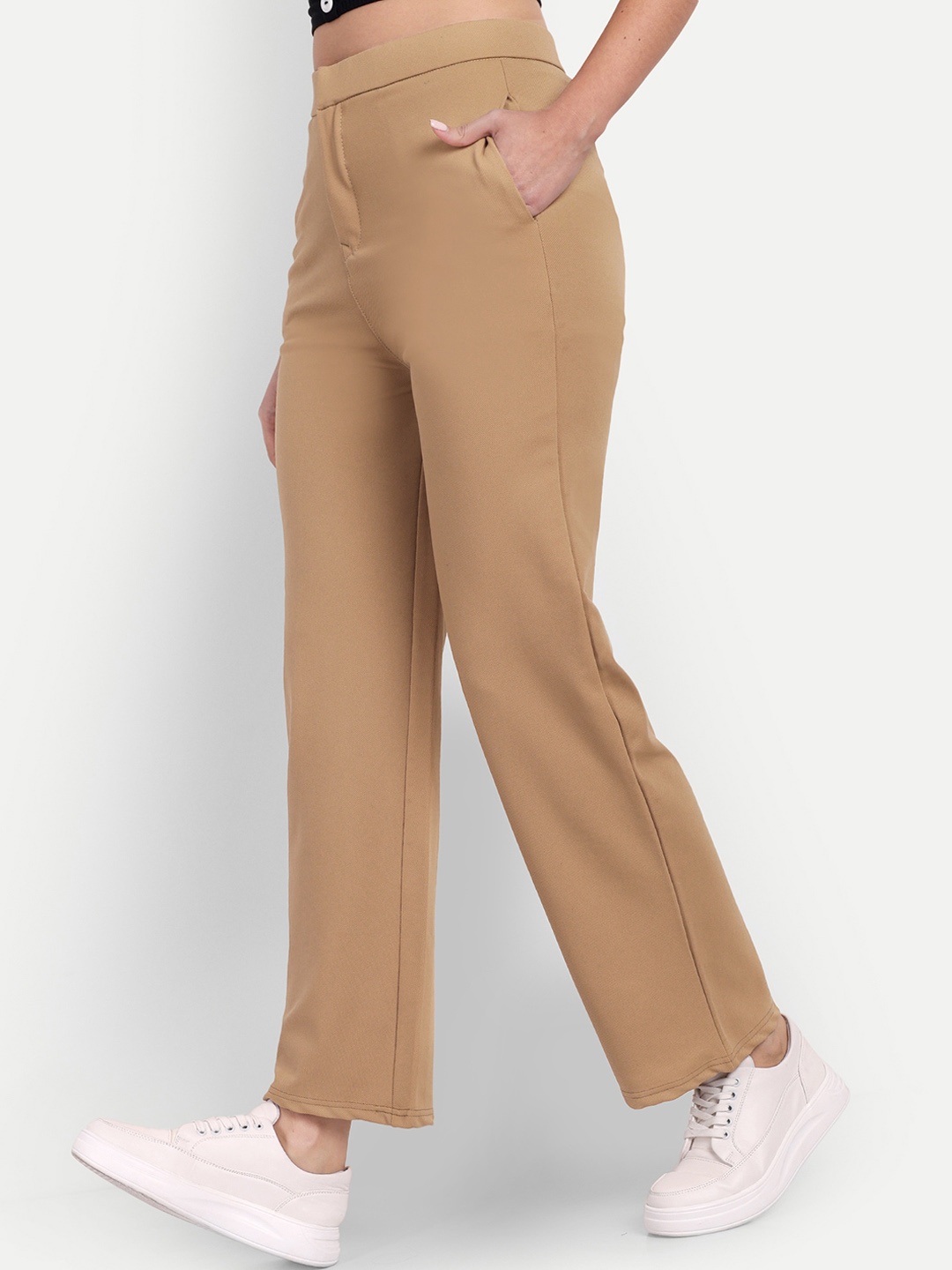 

BROADSTAR Women Relaxed Straight Leg High-Rise Easy Wash Parallel Trousers, Brown