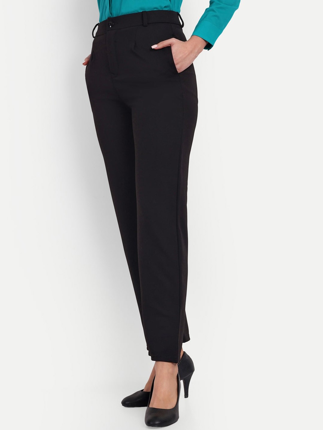 

BROADSTAR Women Tailored Straight Fit High-Rise Easy Wash Formal Trousers, Black
