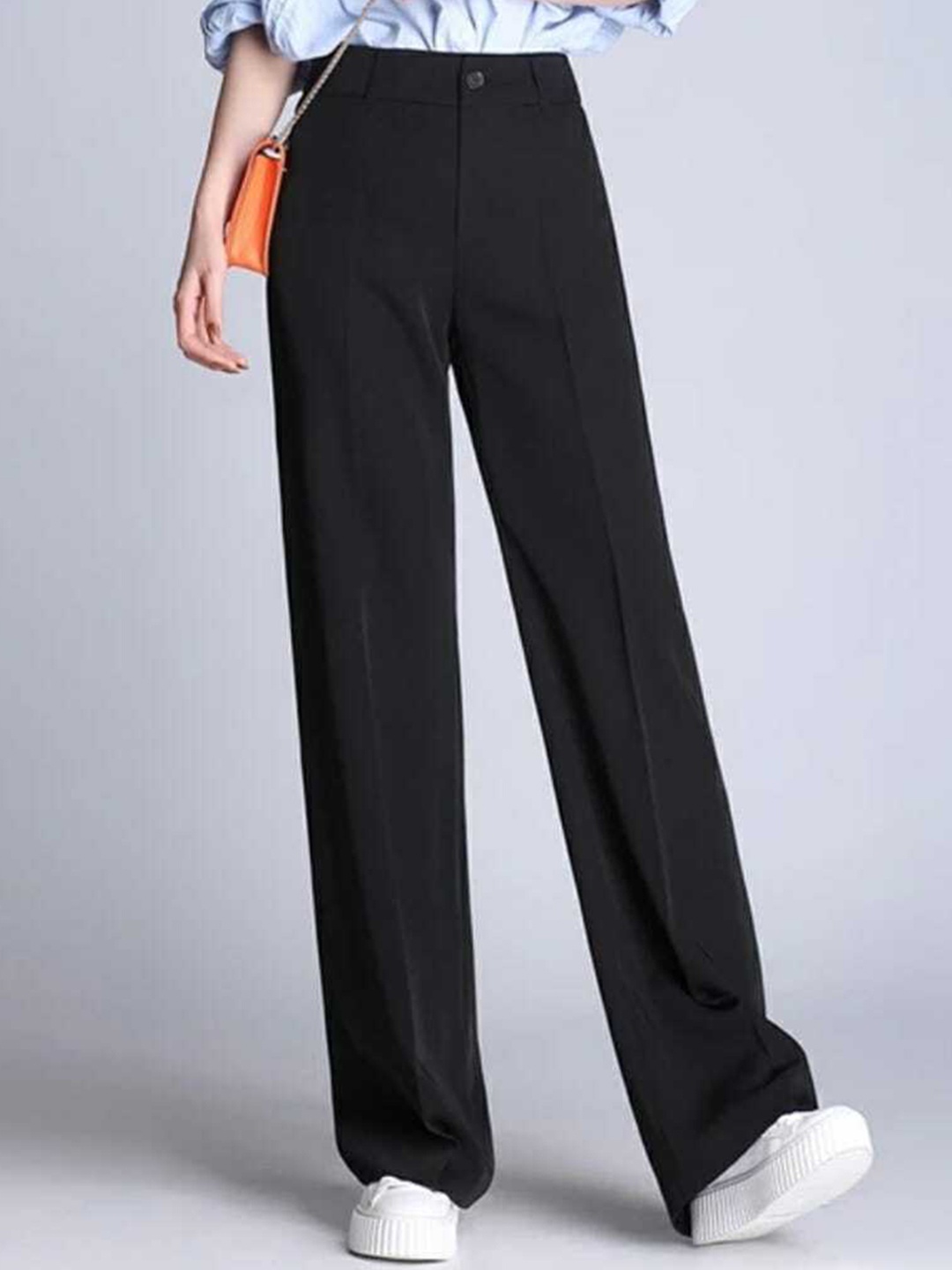 

BROADSTAR Women Relaxed Straight Leg Loose Fit High-Rise Easy Wash Stretchable Trousers, Black