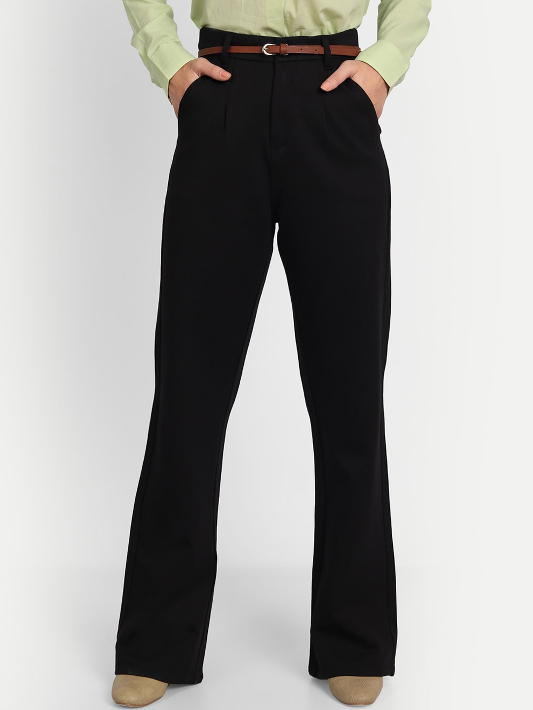 

BROADSTAR Women Relaxed Straight Leg High-Rise Stretchable Formal Trousers, Black