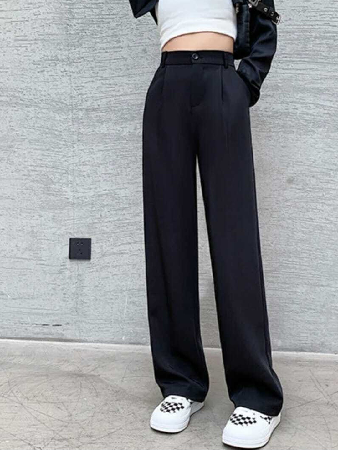 

BROADSTAR Women Relaxed Straight Leg Loose Fit High-Rise Trousers, Black
