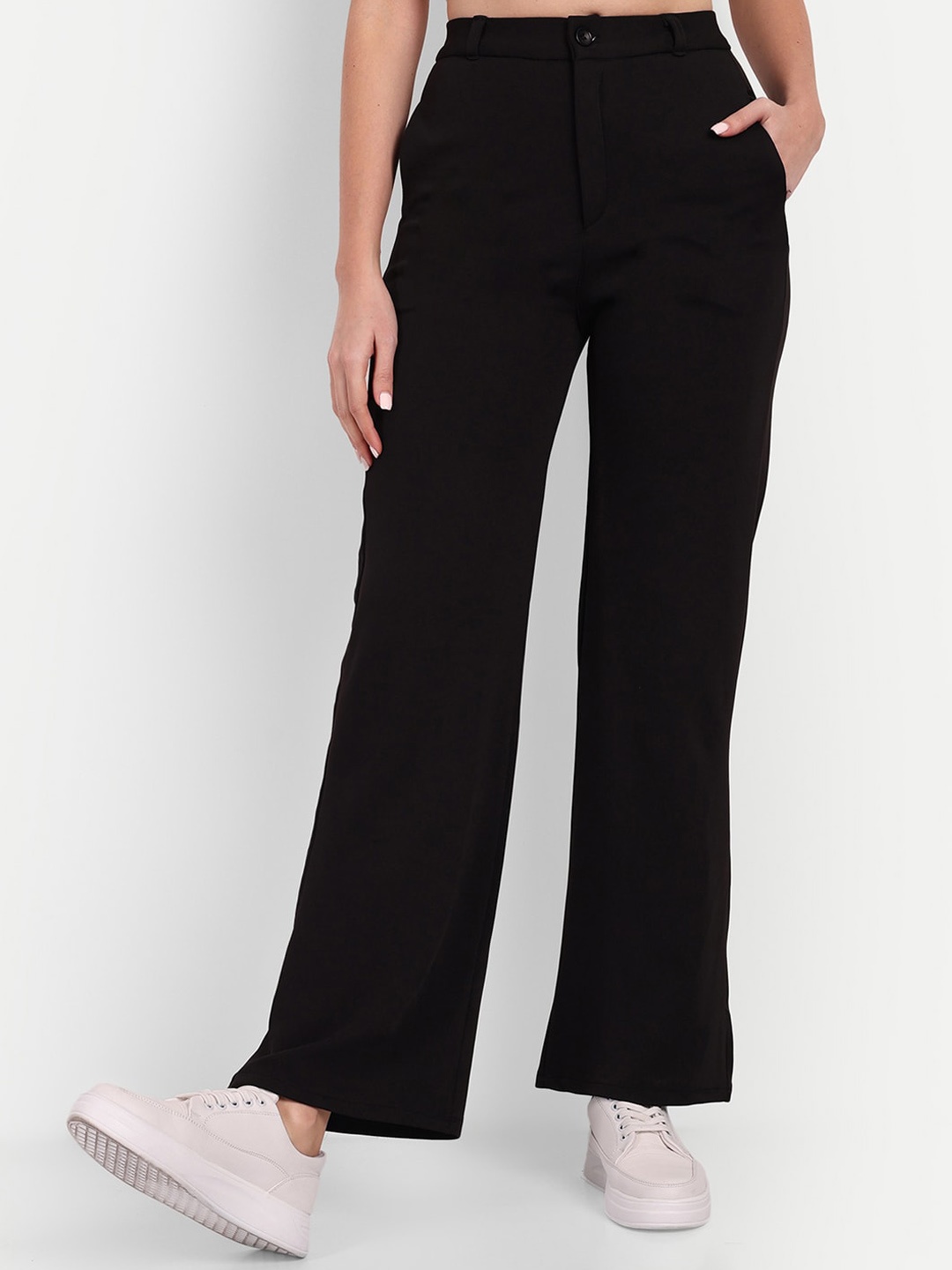 

BROADSTAR Women Straight Fit High-Rise Easy Wash Stretchable Trousers, Black