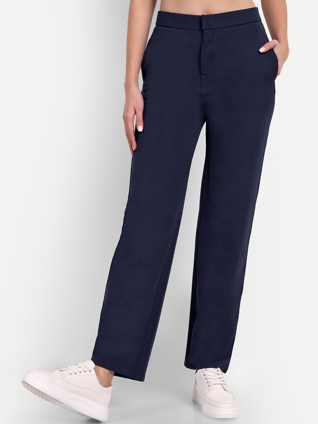

BROADSTAR Women Relaxed Straight Leg Straight Fit High-Rise Trousers, Navy blue