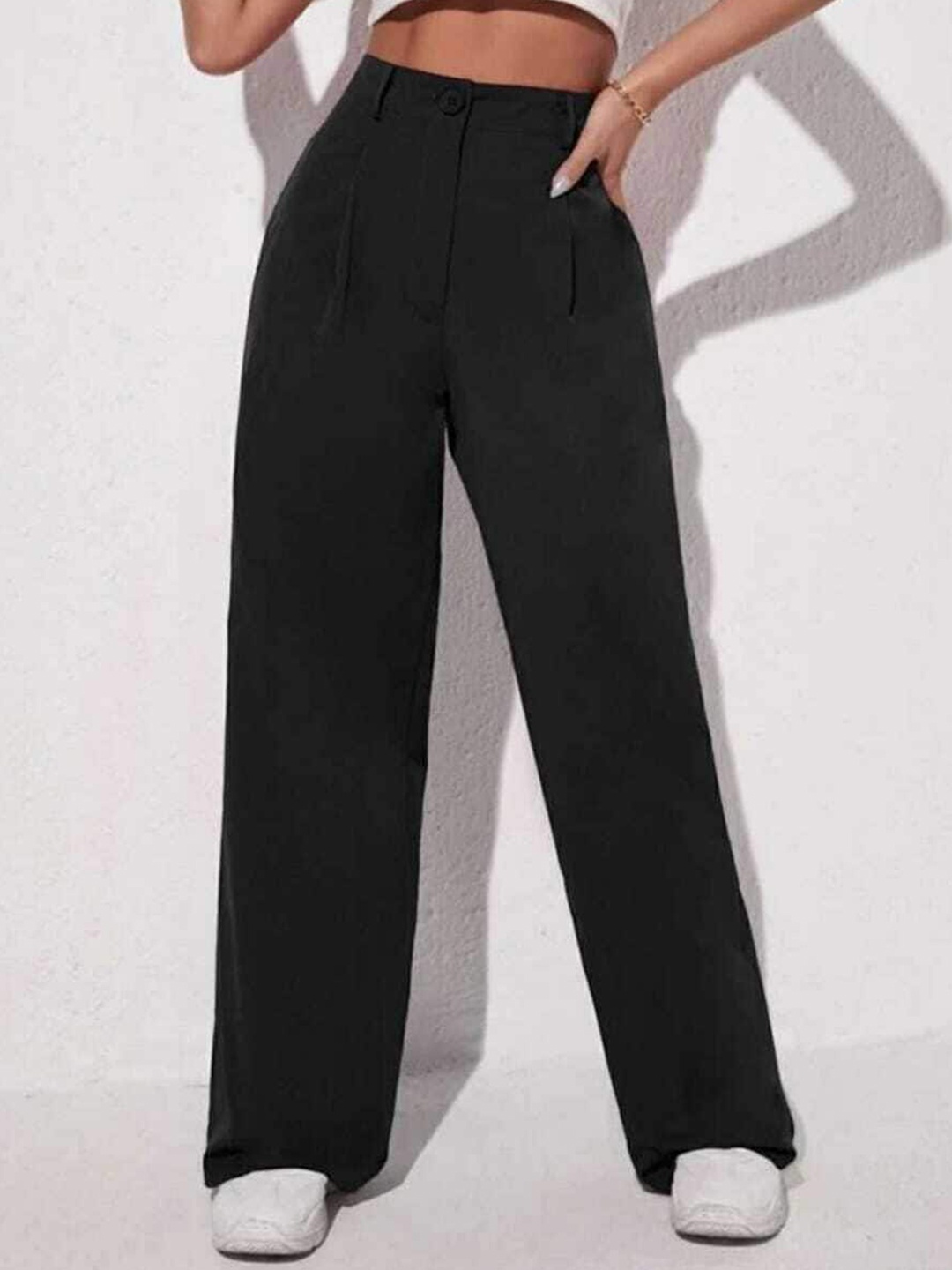 

BROADSTAR Women Relaxed Straight Leg Loose Fit Pleated Trousers, Black