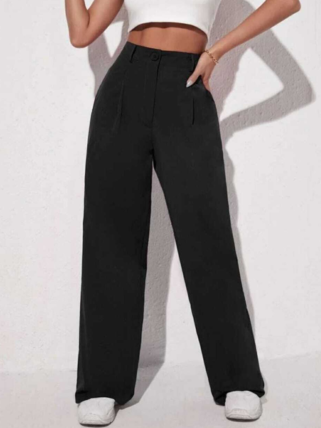 

BROADSTAR Women Relaxed Straight Leg Loose Fit High Rise Easy Wash Trousers, Black