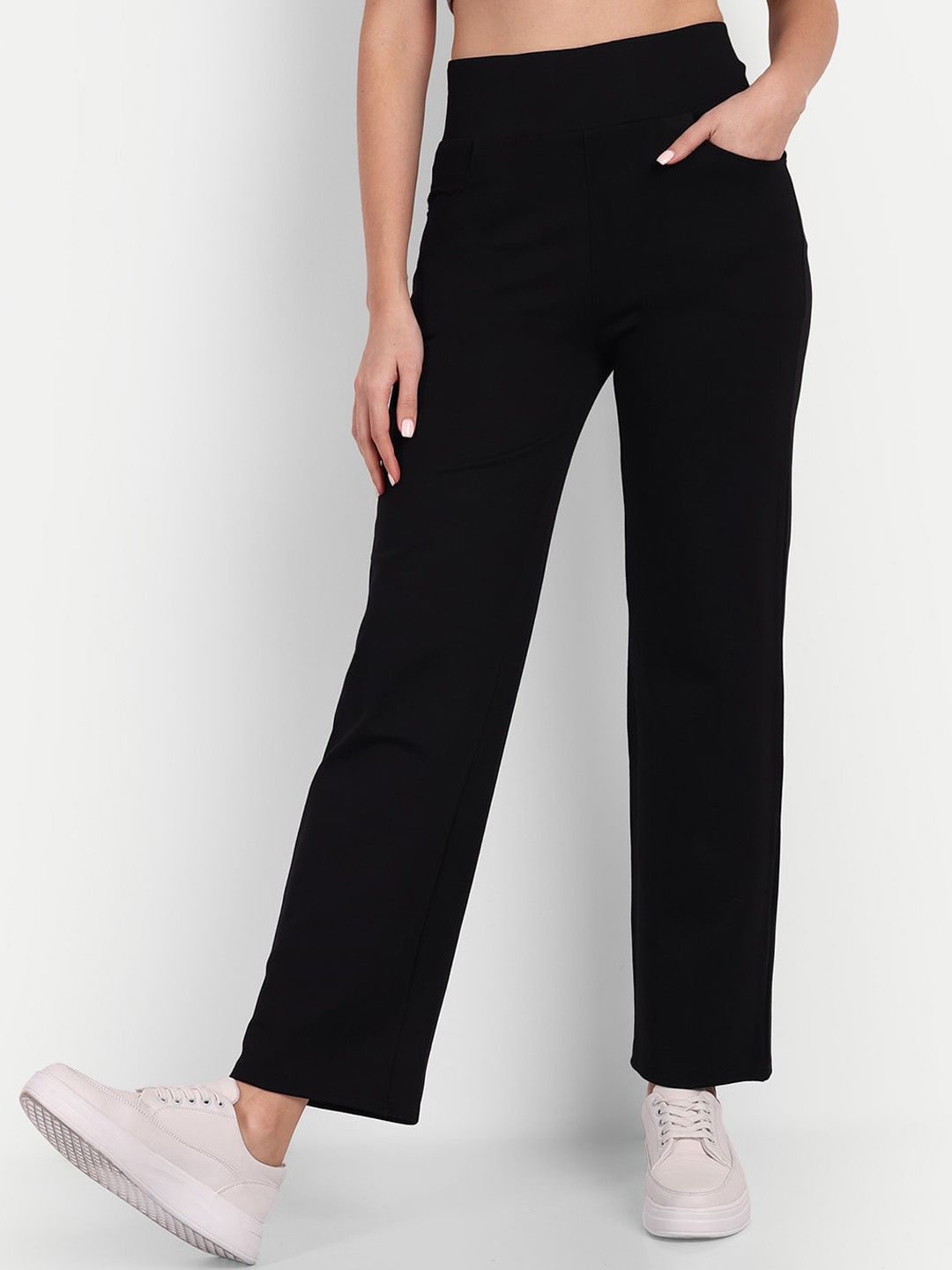 

BROADSTAR Women Relaxed Straight Leg Straight Fit High-Rise Easy Wash Regular Trousers, Black