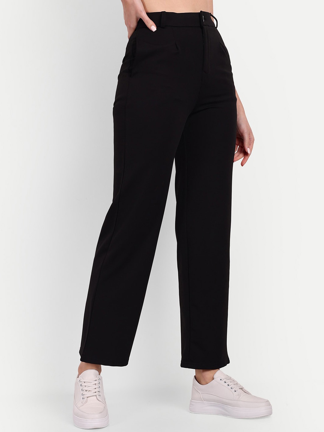 

BROADSTAR Women Straight Fit High-Rise Easy Wash Trousers, Black