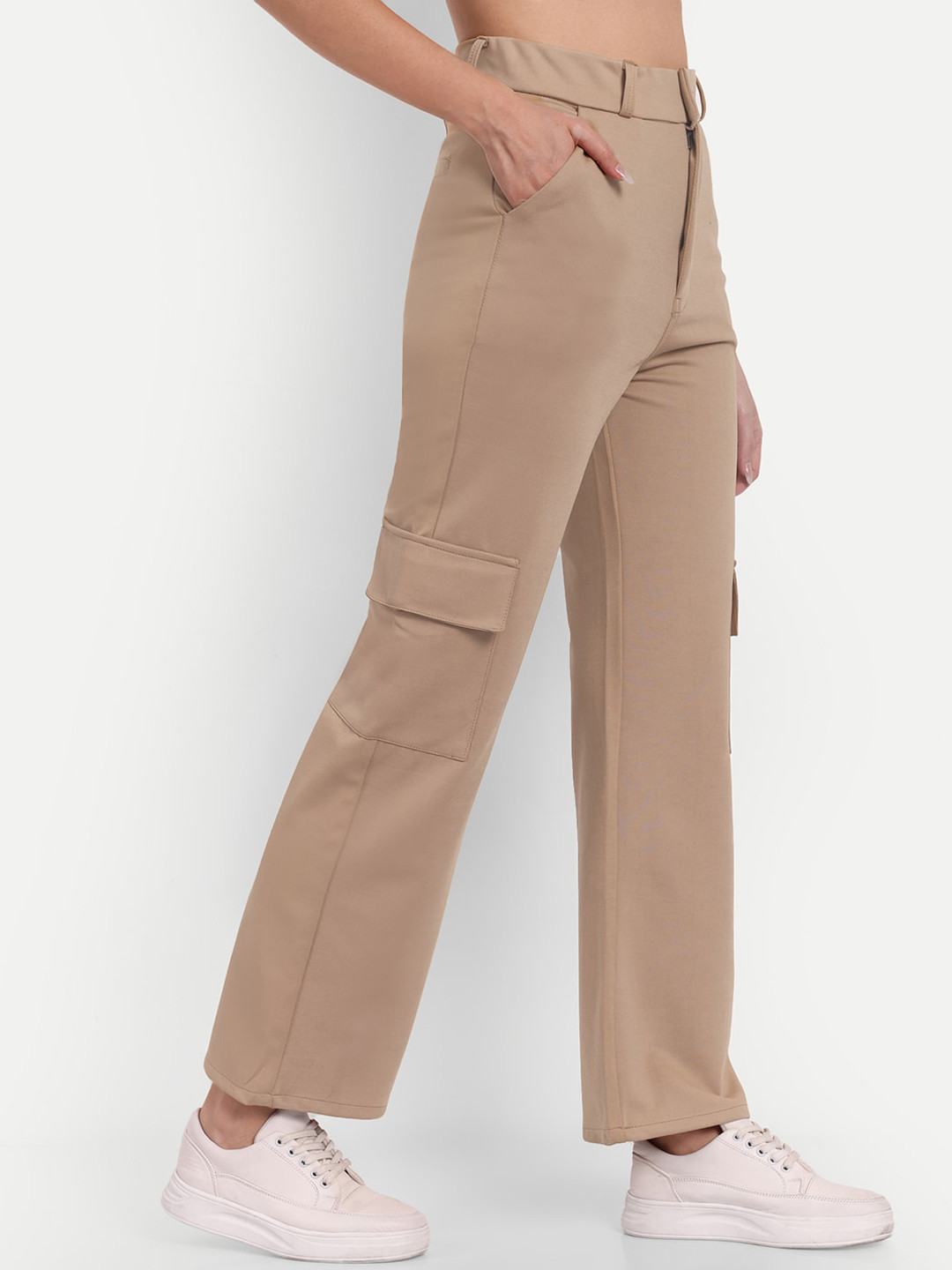 

BROADSTAR Women Smart Straight Fit High-Rise Easy Wash Cargo Trousers, Beige