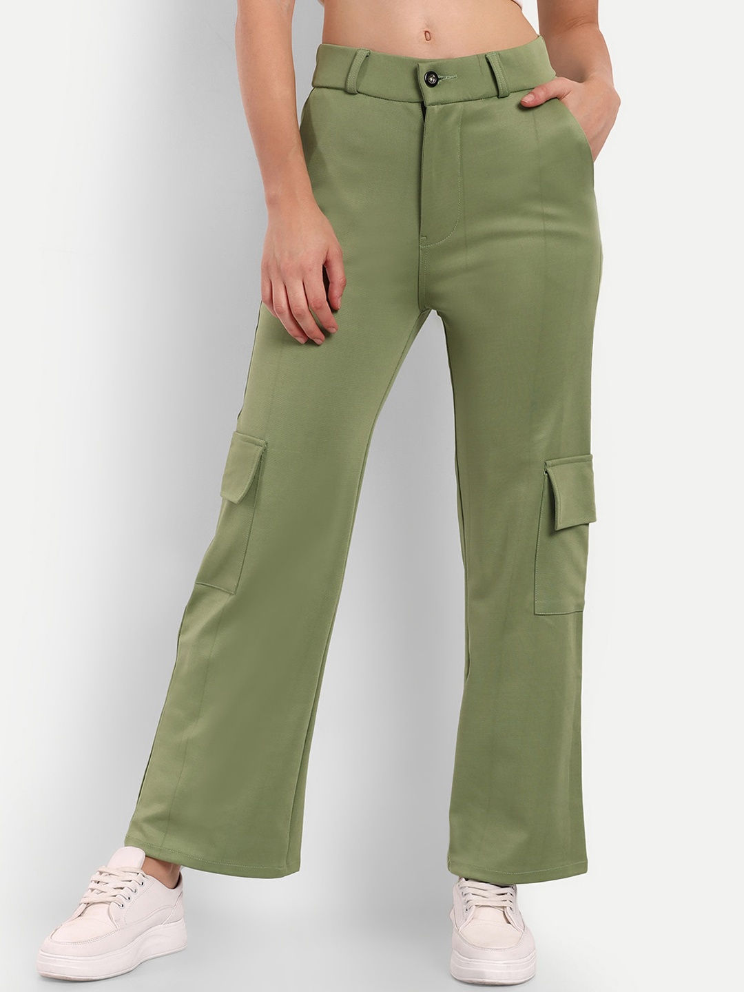 

BROADSTAR Women High-Rise Smart Straight Fit Easy Wash Cargo Trousers, Green