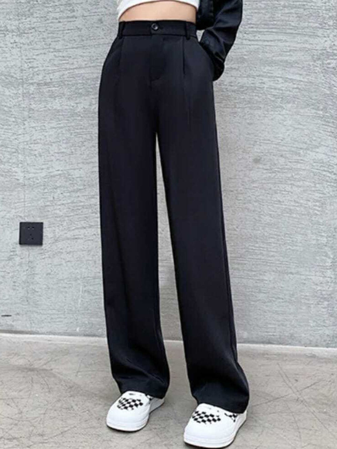 

BROADSTAR Women Relaxed Straight Leg Loose Fit High-Rise Easy Wash Trousers, Black