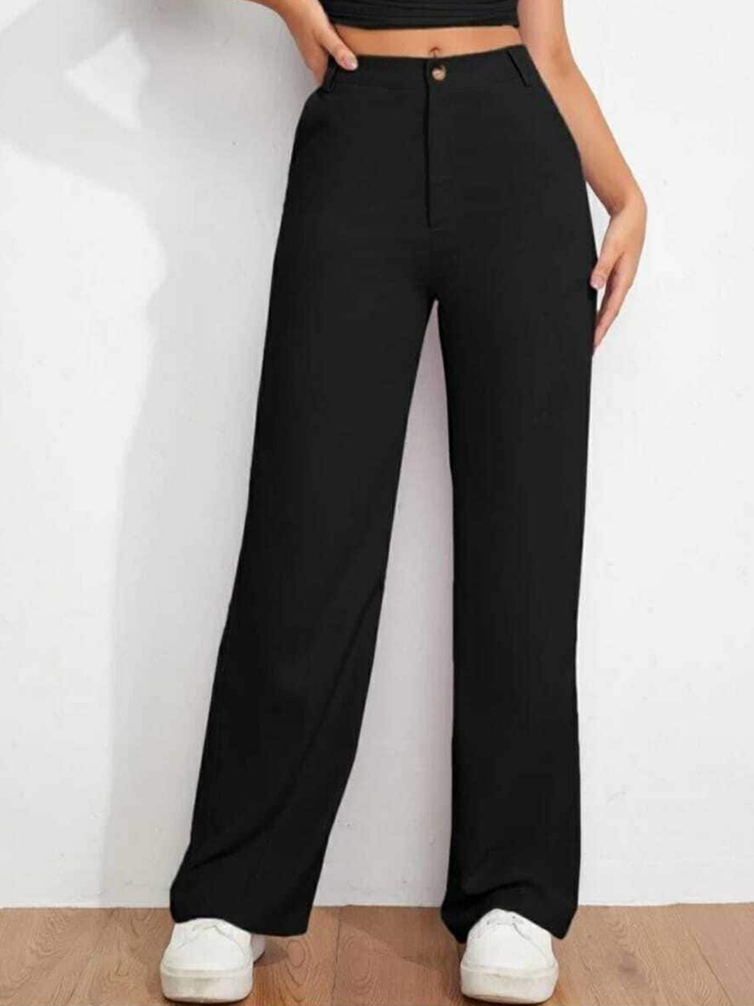 

BROADSTAR Women High Rise Straight Leg Loose Fit Trousers, Black