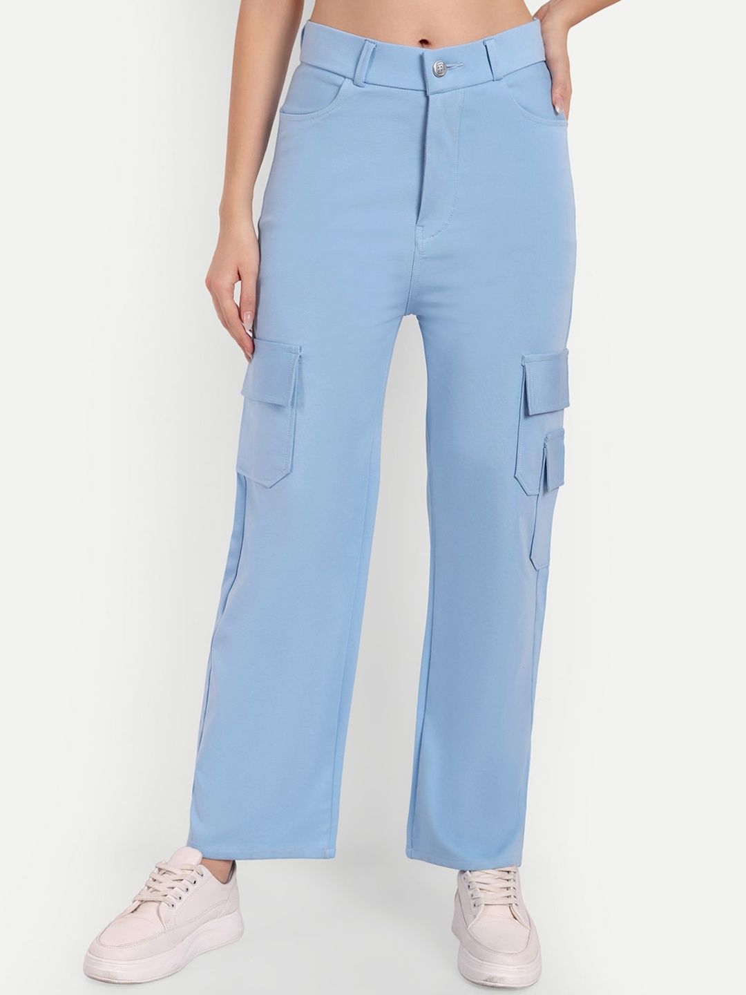

BROADSTAR Women Smart Straight Fit High Rise Easy Wash Cargos Trousers, Blue
