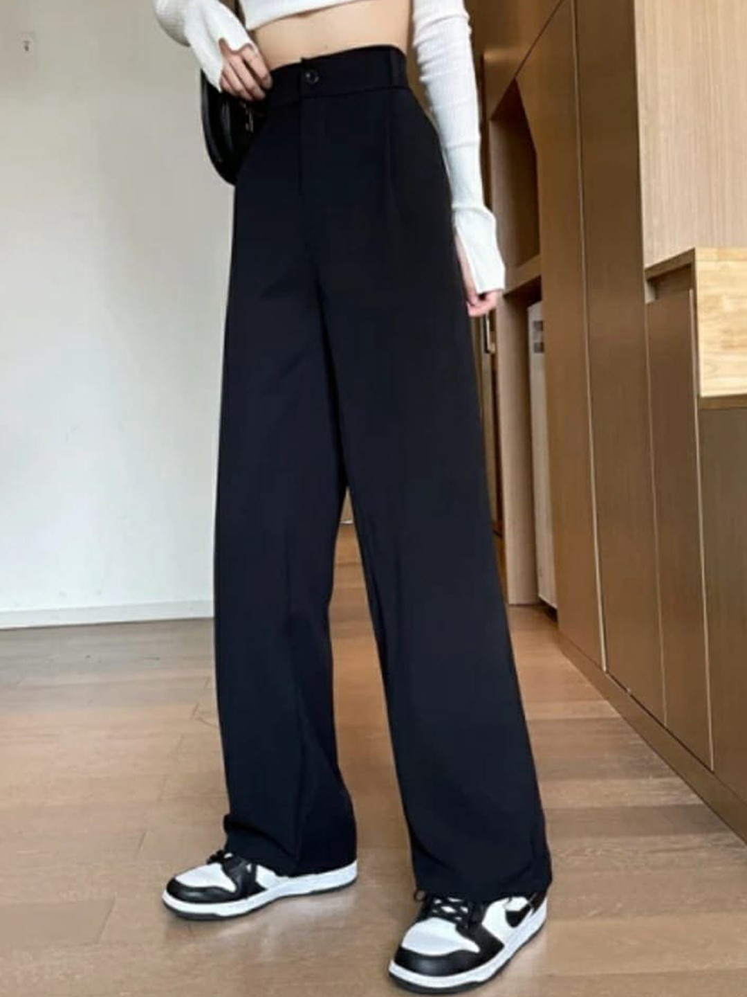 

BROADSTAR Women Relaxed Straight Leg Loose Fit High-Rise Easy Wash Parallel Trousers, Black