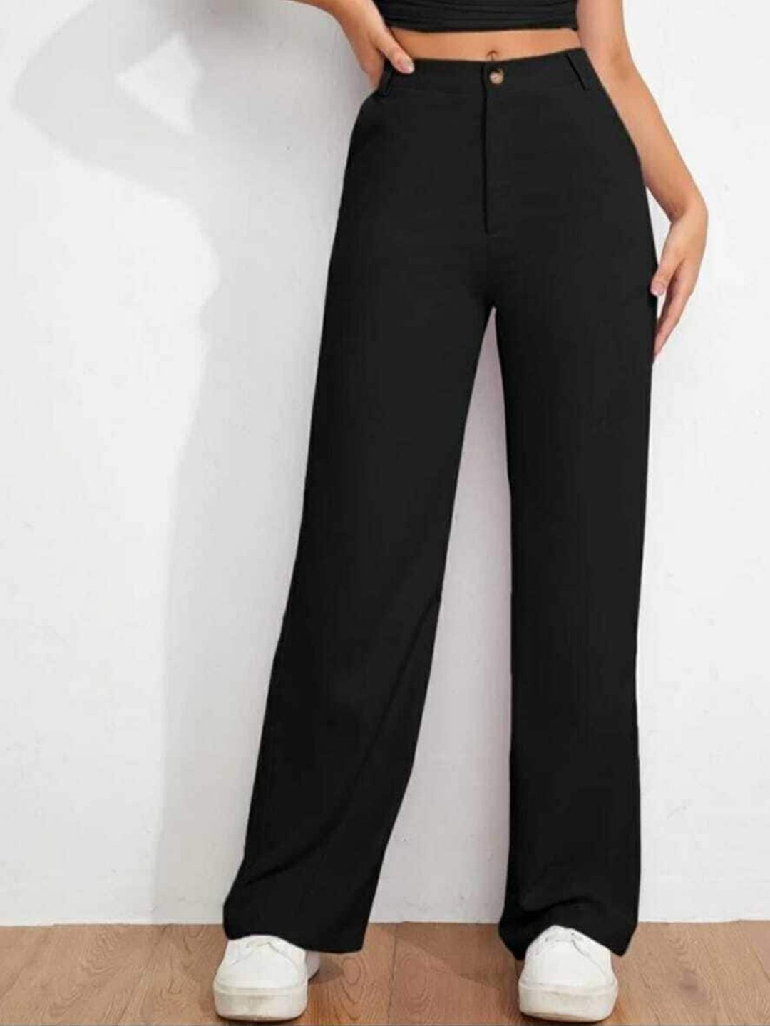 

BROADSTAR Women Black Relaxed Straight Leg Loose Fit High-Rise Easy Wash Trousers