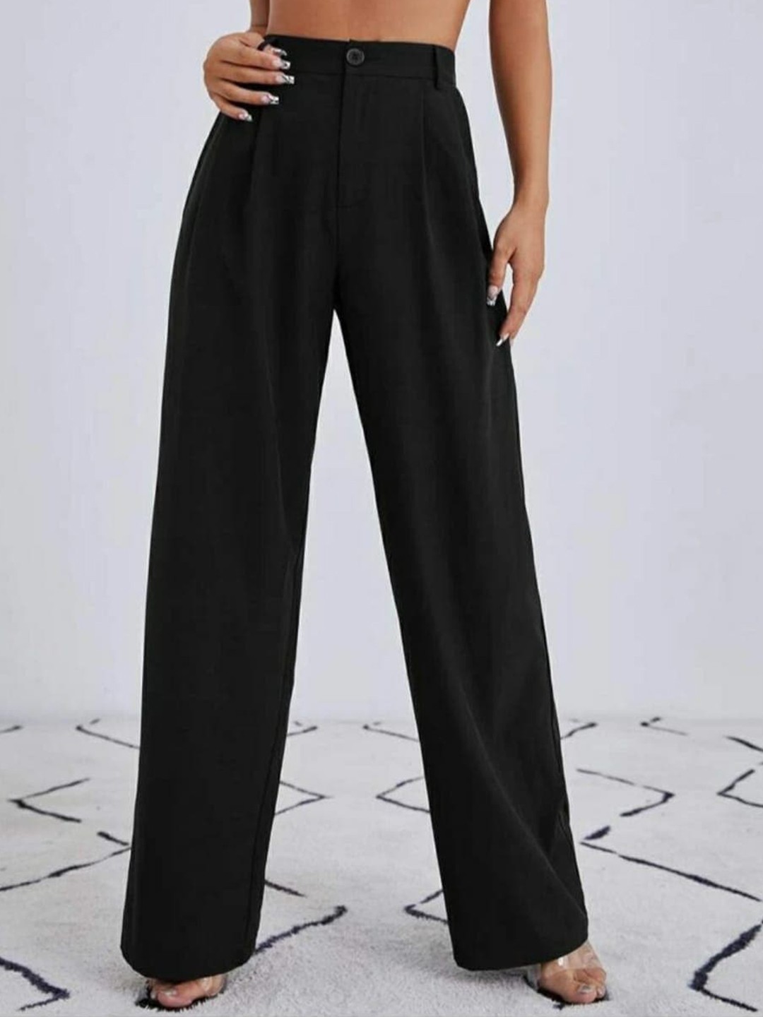 

BROADSTAR Women Relaxed Straight Leg Loose Fit High-Rise Easy Wash Trousers, Black