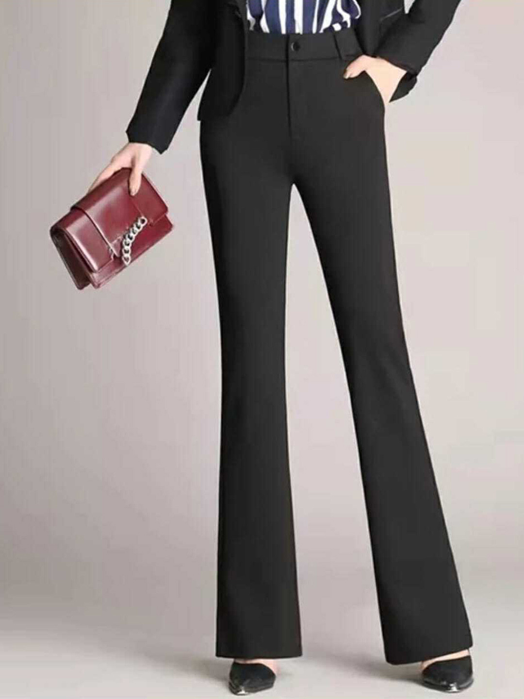 

BROADSTAR Women Relaxed Straight Leg Flared High-Rise Easy Wash Bootcut Trousers, Black