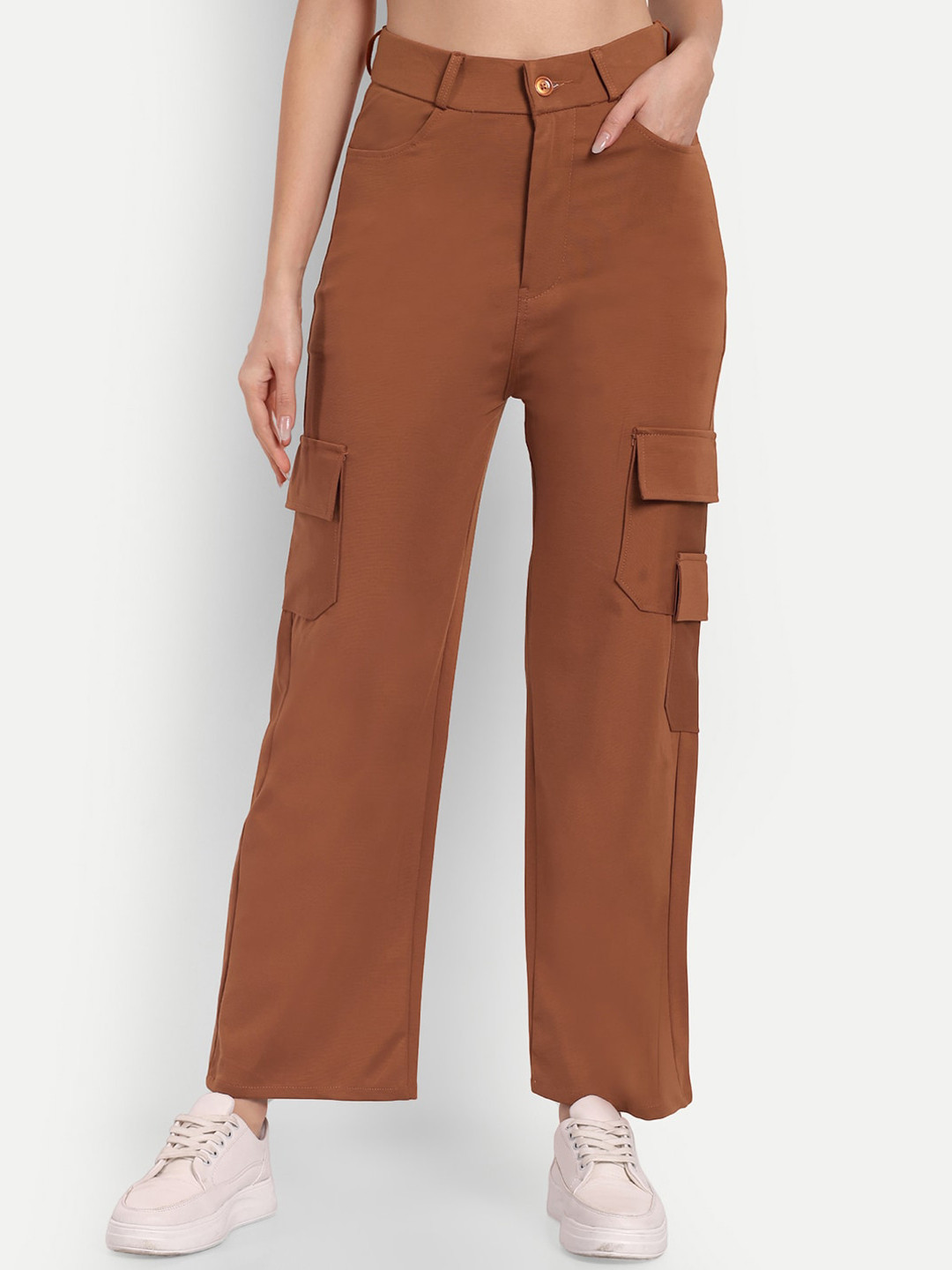 

BROADSTAR Women Smart Straight Fit High-Rise Cargos Trousers, Tan