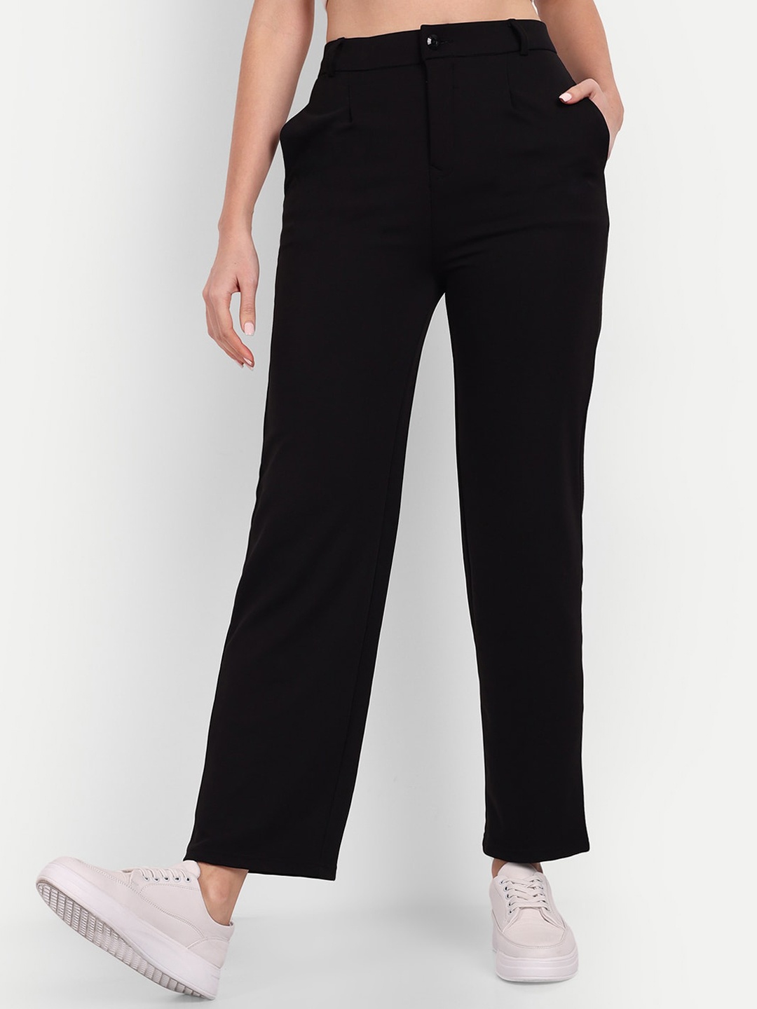 

BROADSTAR Women Straight Fit High-Rise Easy Wash Trousers, Black