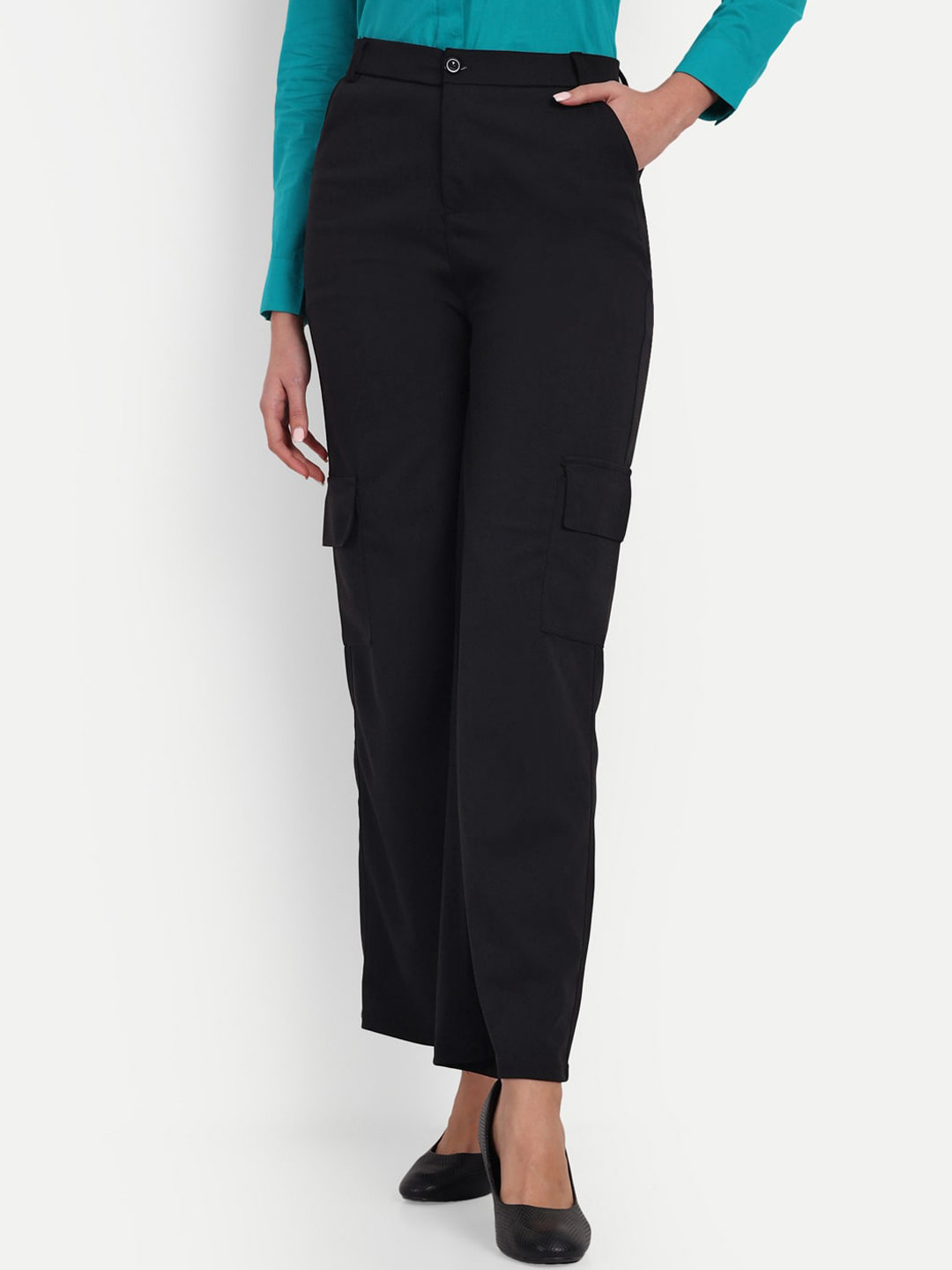 

BROADSTAR Women Smart Loose Fit High-Rise Easy Wash Cargos Trousers, Black