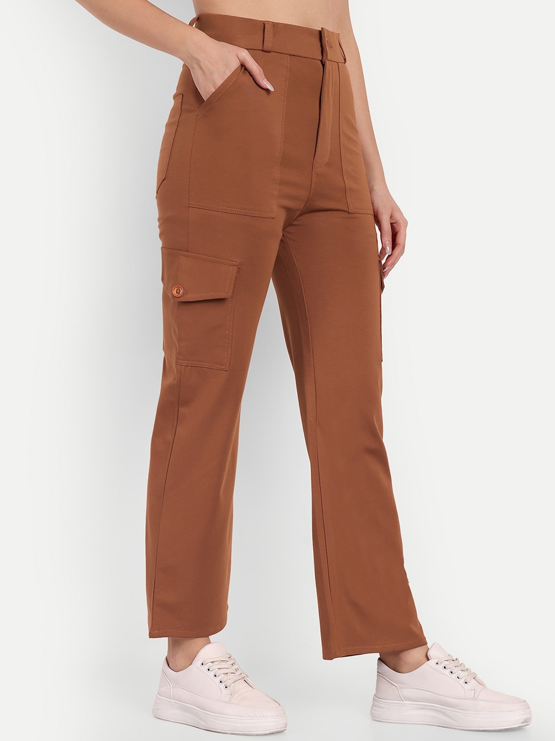 

BROADSTAR Women Smart Straight Fit High-Rise Cargo Trousers, Tan