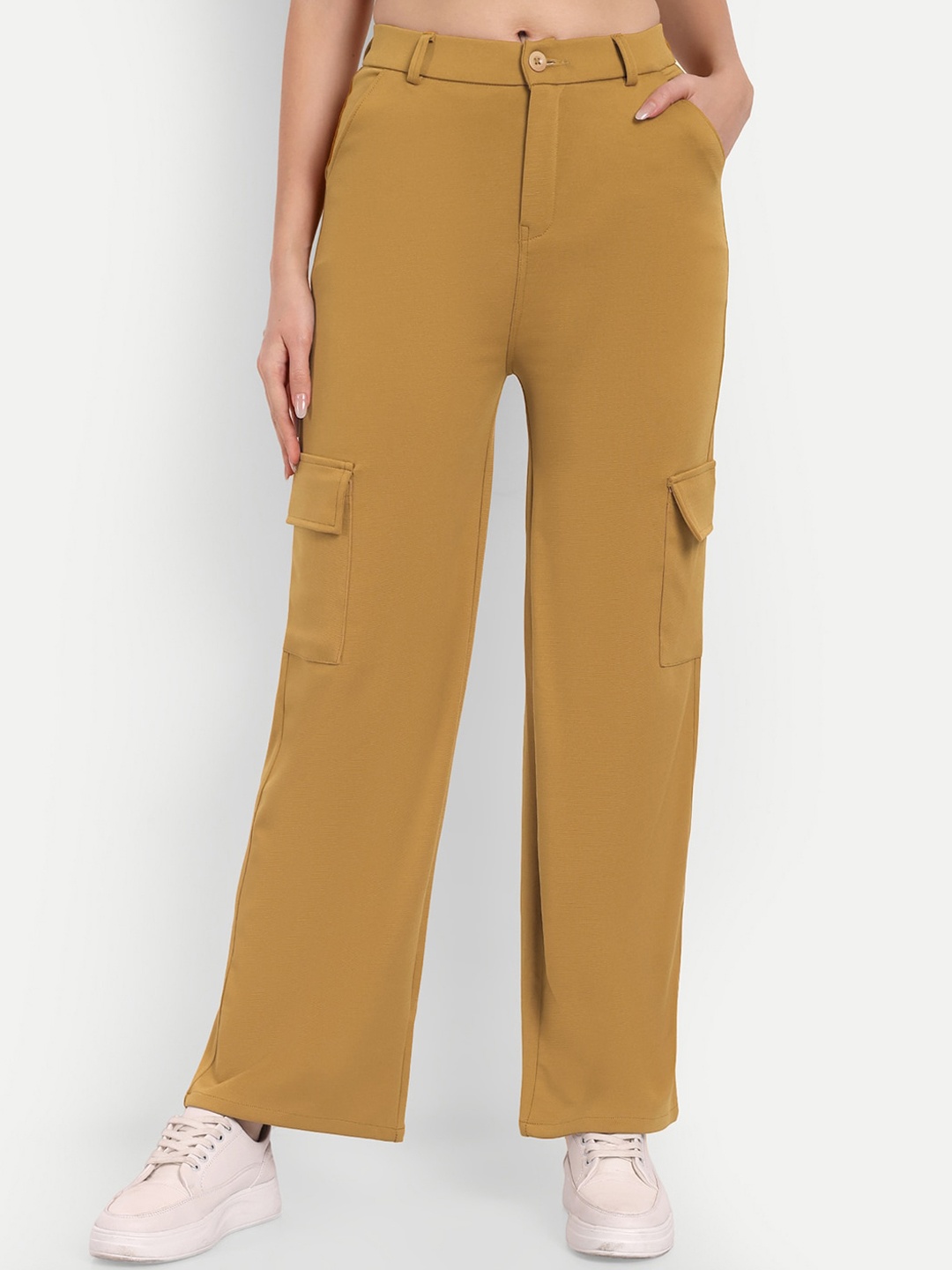 

BROADSTAR Women Smart Straight Fit High-Rise Easy Wash Cargo Trousers, Mustard