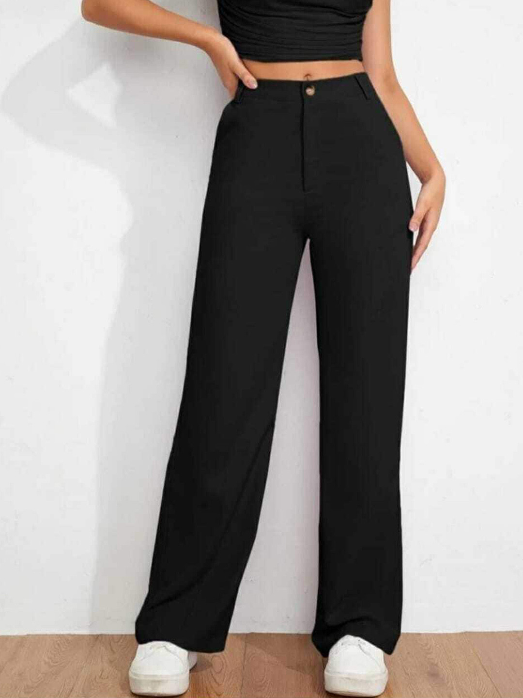 

BROADSTAR Women Relaxed Straight Leg Loose Fit High-Rise Easy Wash Formal Trousers, Black