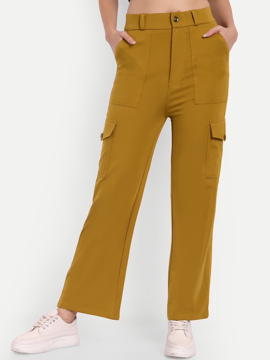 

BROADSTAR Women Smart Straight Fit High-Rise Easy Wash Cargos Trousers, Mustard