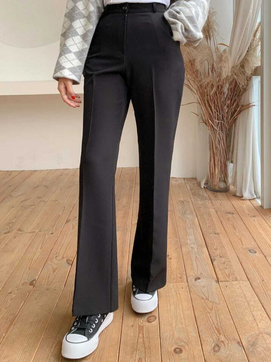 

BROADSTAR Women Relaxed Straight Leg Loose Fit High-Rise Easy Wash Trousers, Black