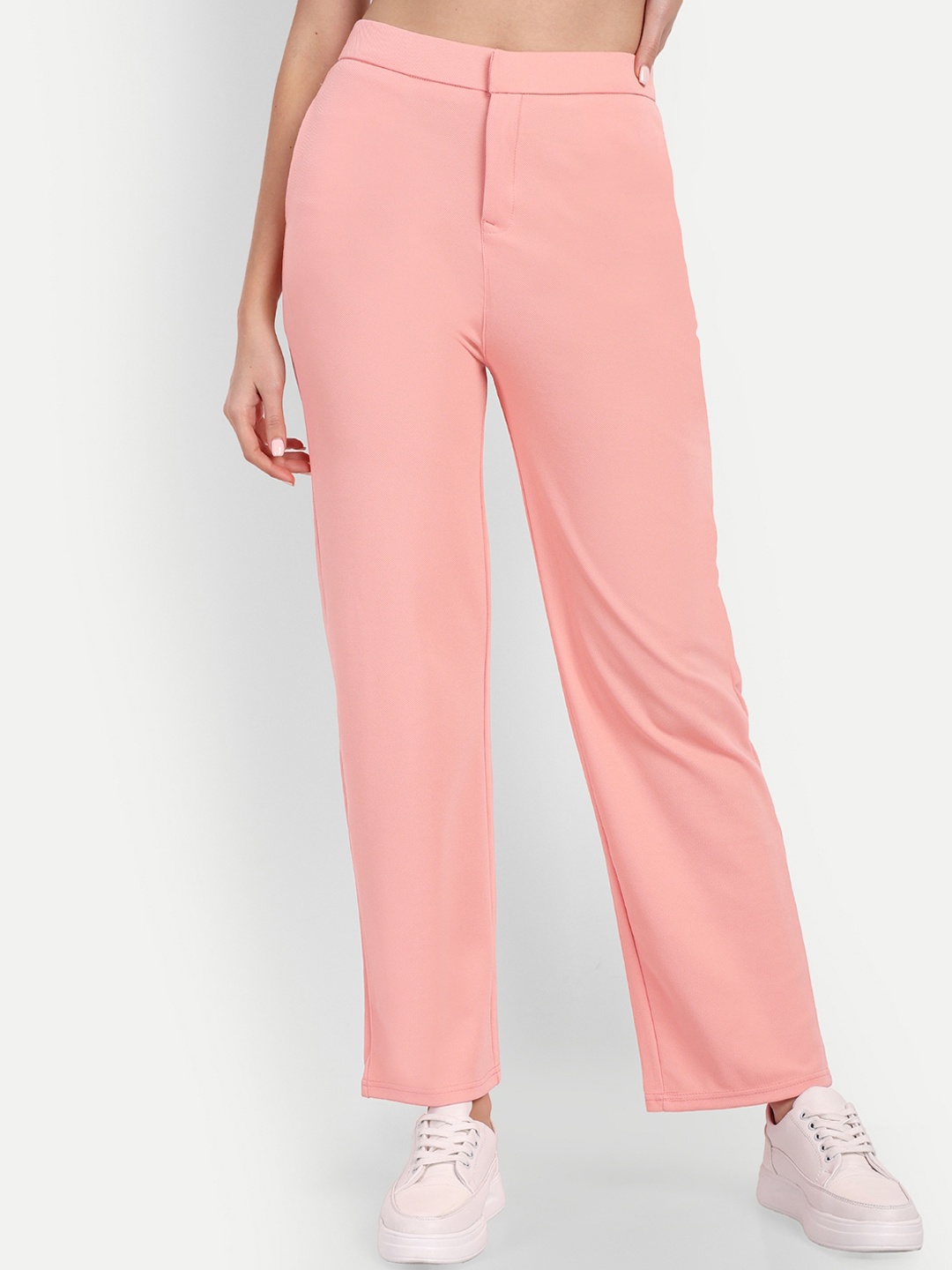 

BROADSTAR Women Relaxed Straight Leg Straight Fit High-Rise Easy Wash Trousers, Pink