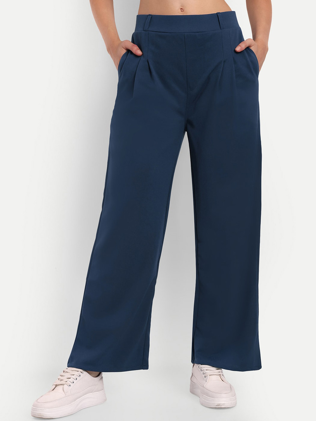 

BROADSTAR Women Smart Straight Fit High-Rise Easy Wash Pleated Parallel Trousers, Navy blue