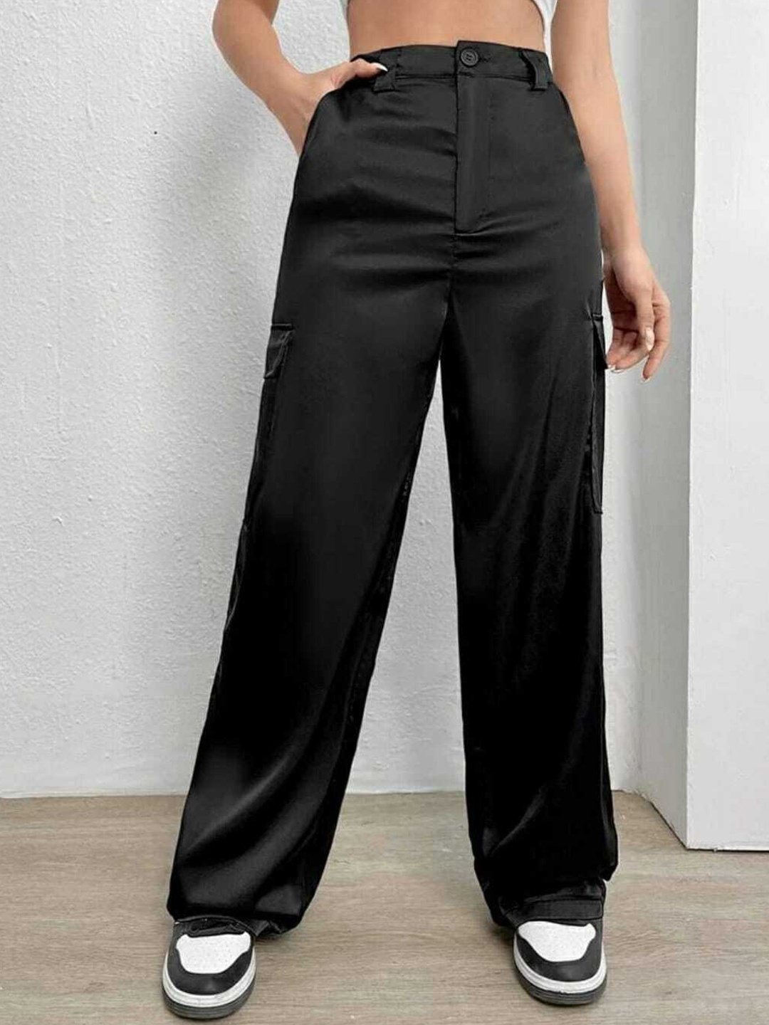 

BROADSTAR Women Relaxed Straight Leg High-Rise Easy Wash Parallel Trousers, Black