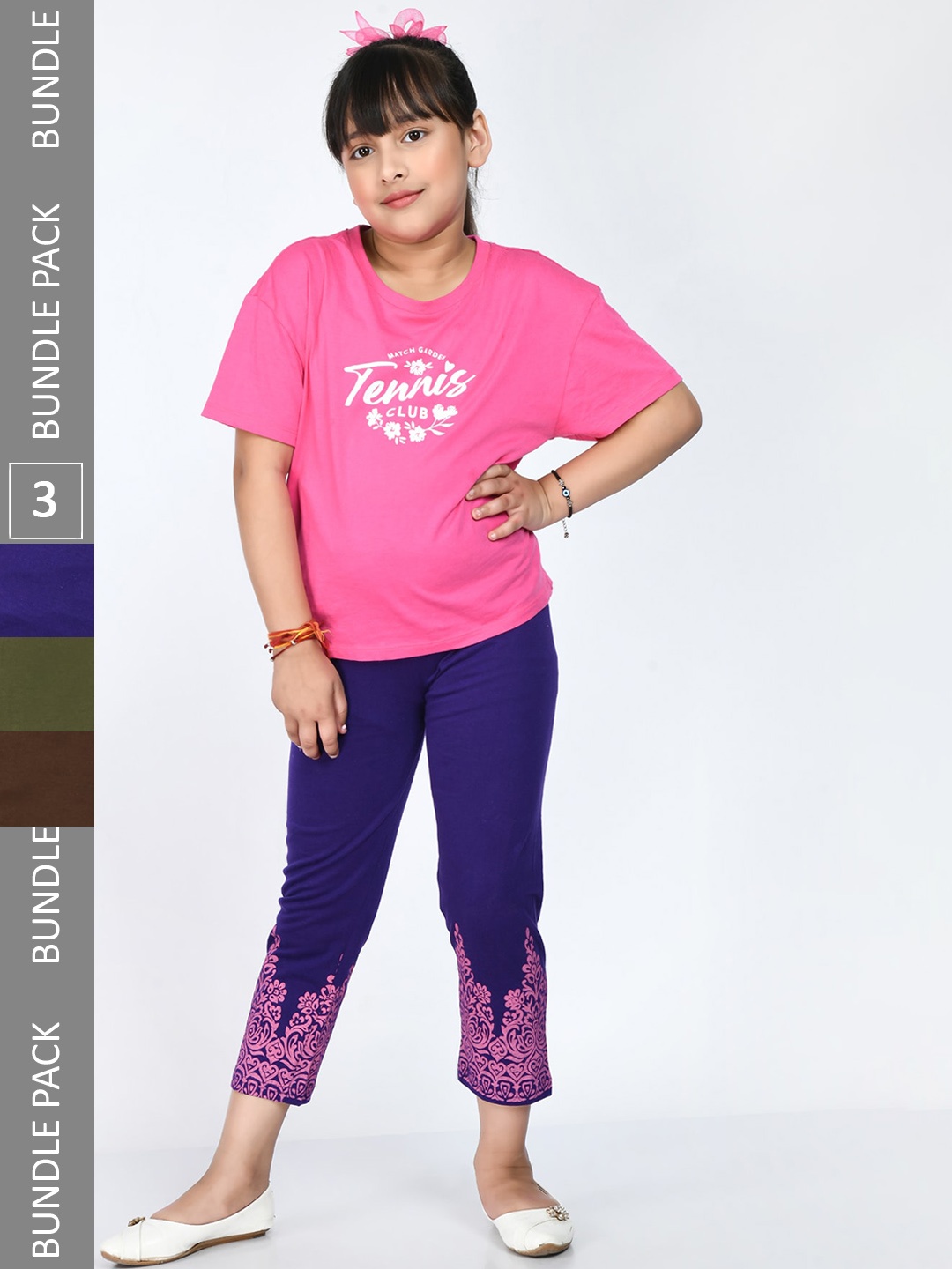 

IndiWeaves Girls Set of 3 Cotton Ethnic Motifs Printed Capris, Purple