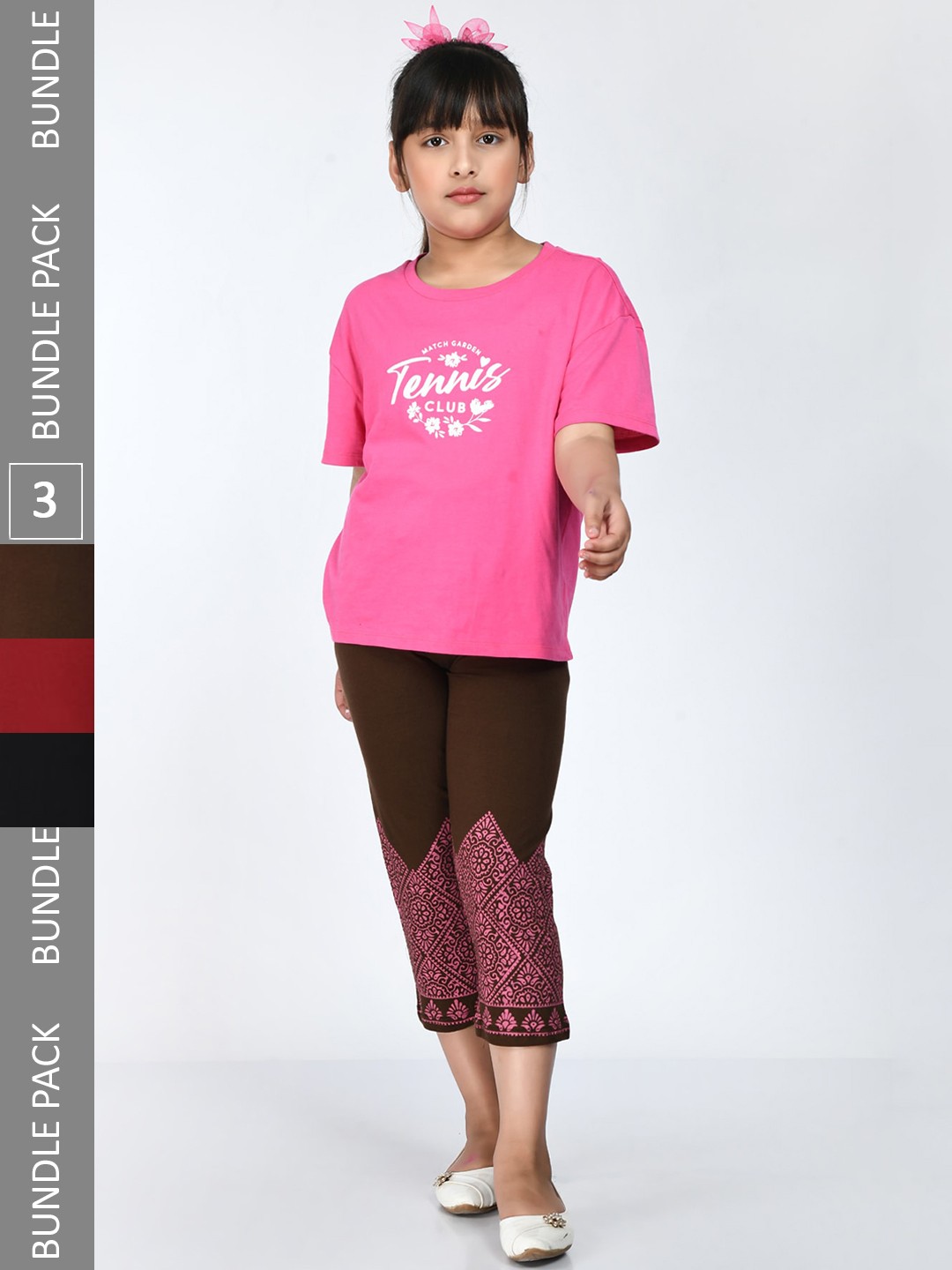

IndiWeaves Girls Pack of 3 Printed Pure Cotton Capris, Brown