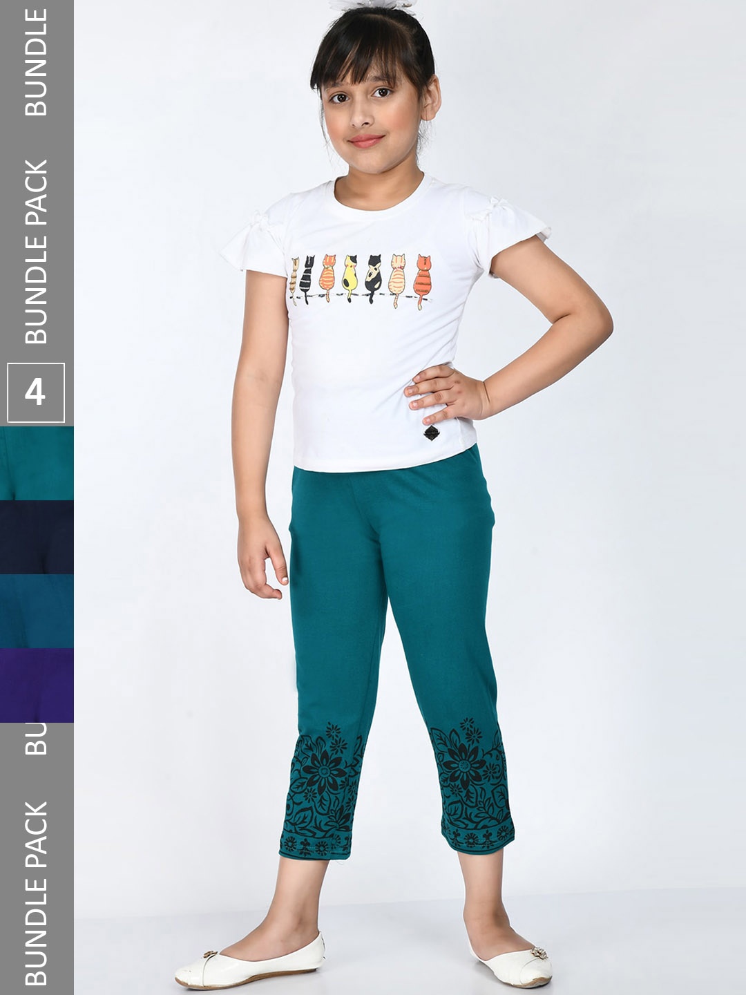 

IndiWeaves Girls Pack Of 4 Printed Cropped Cotton Lounge Pants, Blue