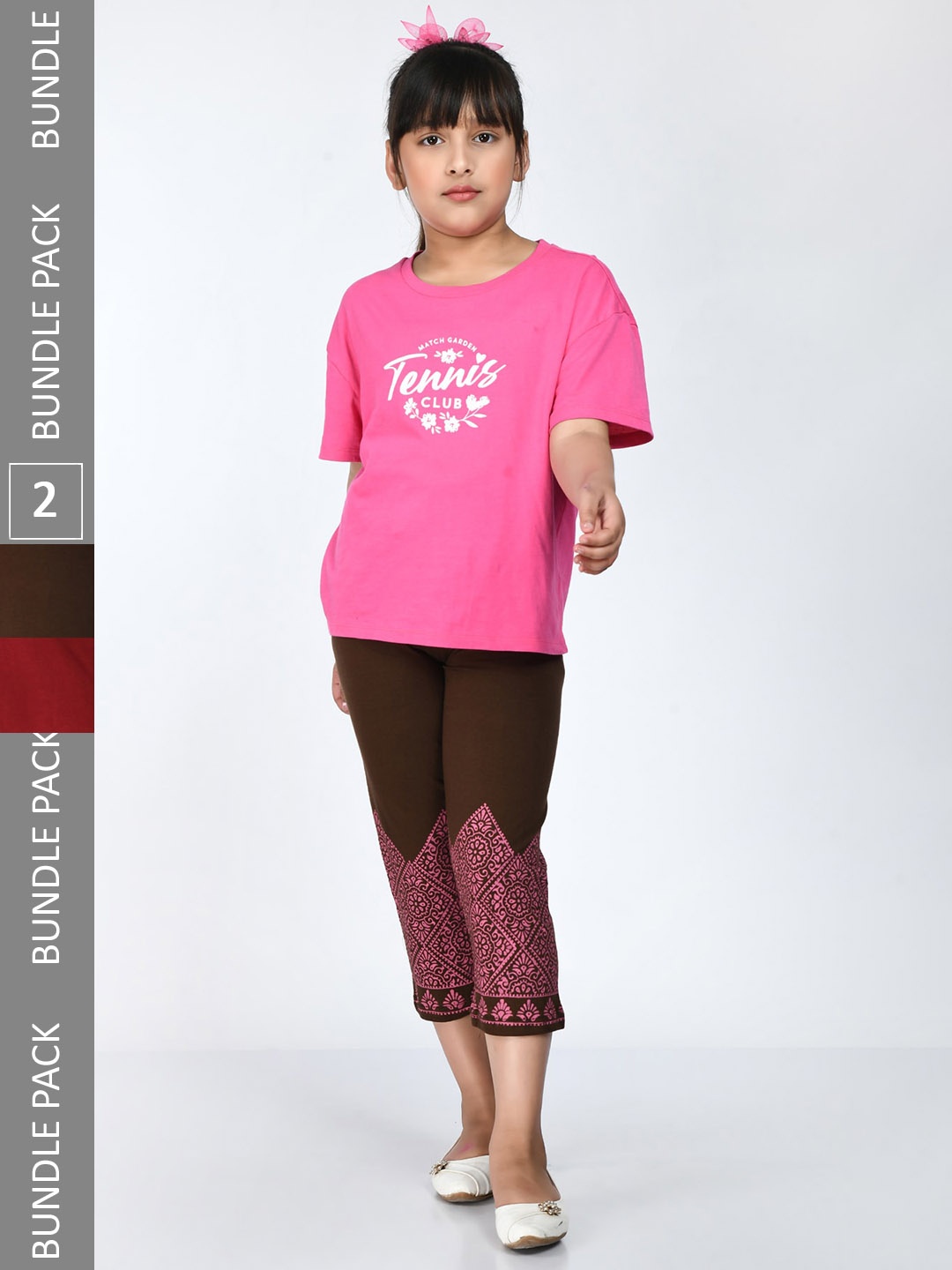 

IndiWeaves Girls Pack Of 2 Printed Cropped Cotton Lounge Pants, Maroon