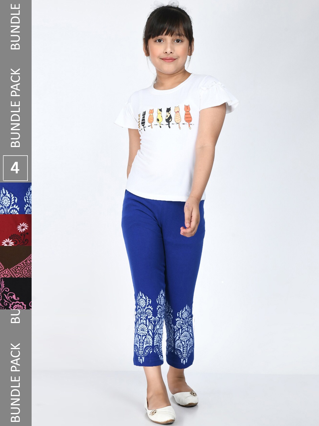 

IndiWeaves Girls Set of 4 Cotton Ethnic Motifs Printed Capris, Blue