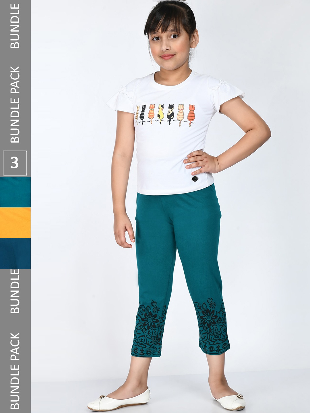 

IndiWeaves Girls Pack of 3 Pure Cotton Printed Cropped Leggings, Teal
