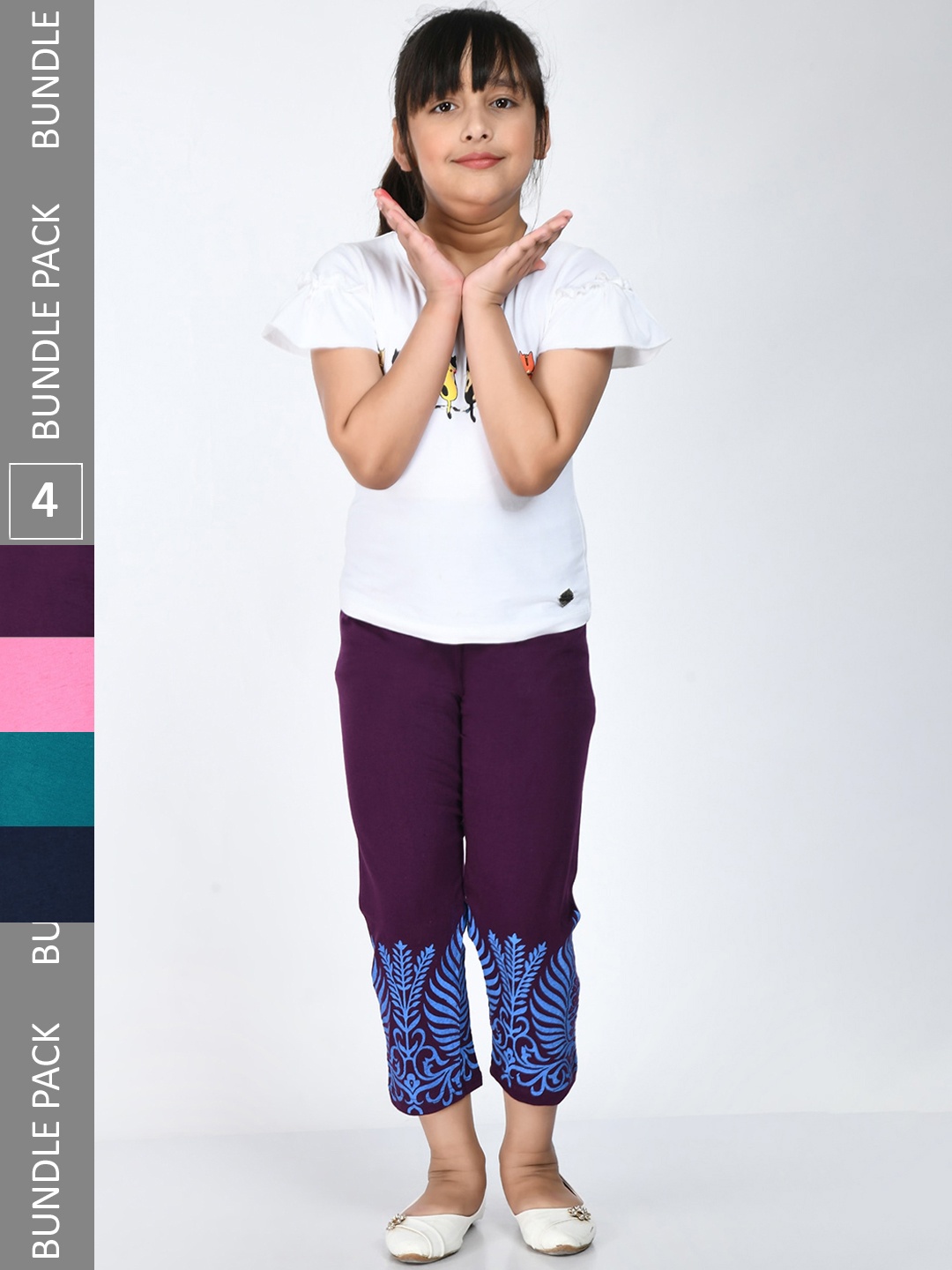 

IndiWeaves Girls Pack Of 4 Printed Cropped Cotton Lounge Pants, Teal
