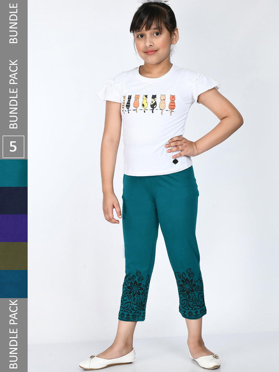

IndiWeaves Girls Pack of 5 Printed Pure Cotton Cropped Leggings, Blue