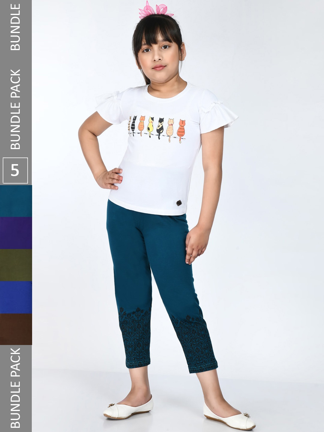 

IndiWeaves Girls Pack Of 5 Printed Cotton Lounge Pants, Teal