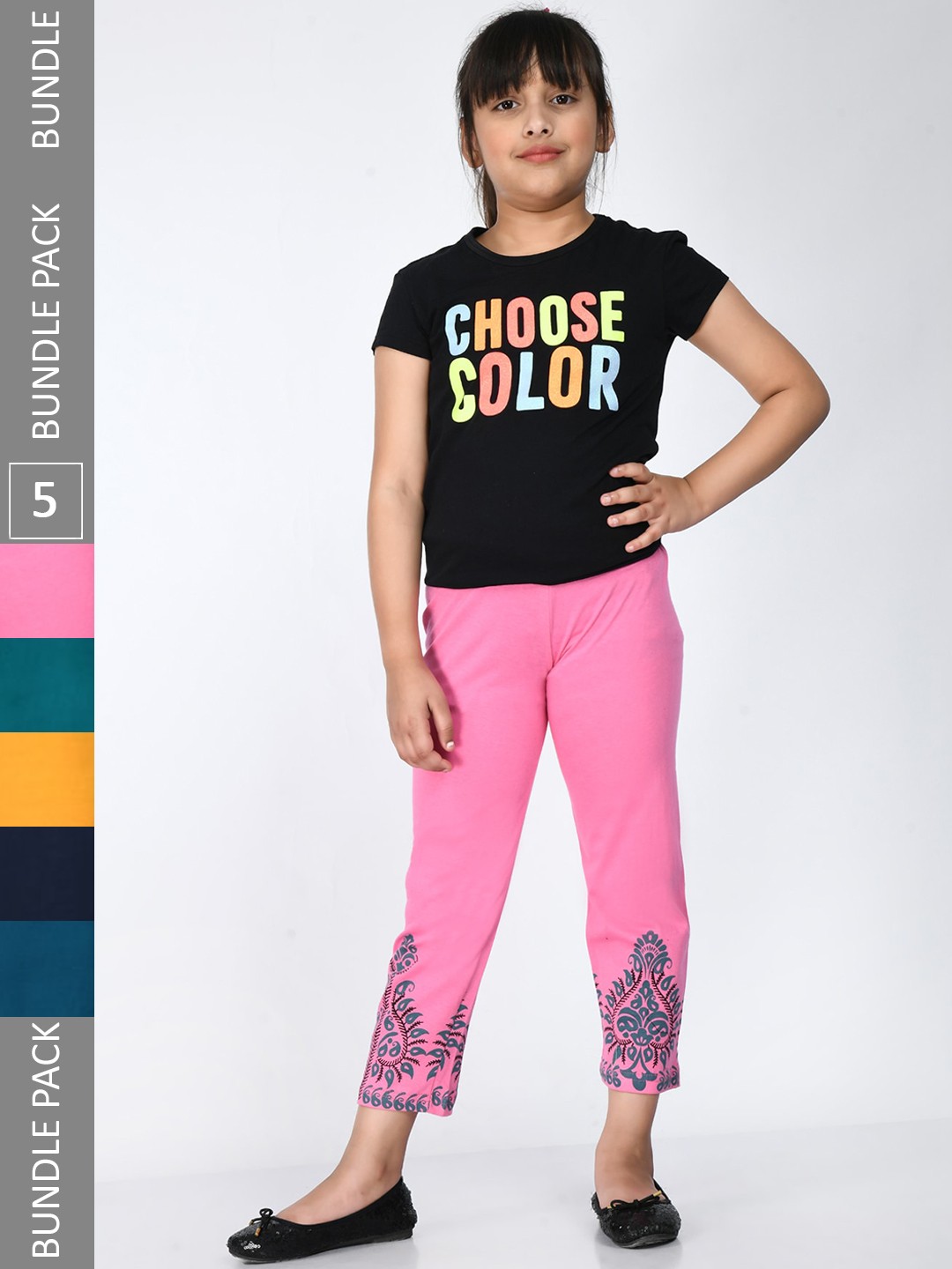 

IndiWeaves Girls Pack Of 5 Pure Cotton Printed Regular Lounge Pants, Black