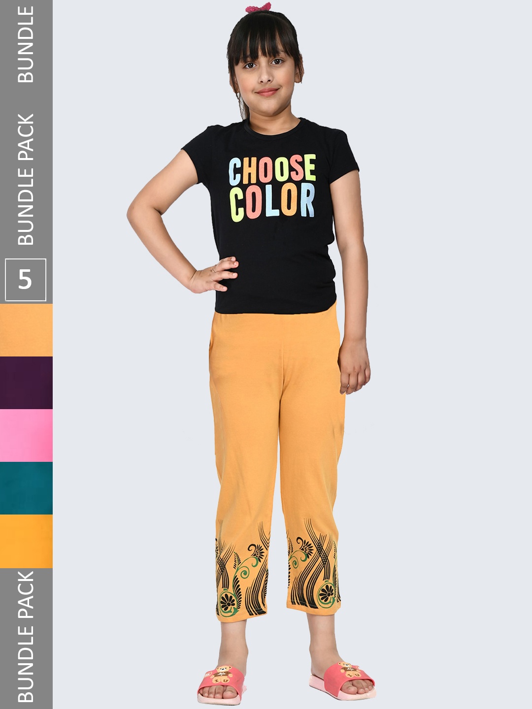 

IndiWeaves Girls Pack of 5 Printed Cotton Capris, Yellow