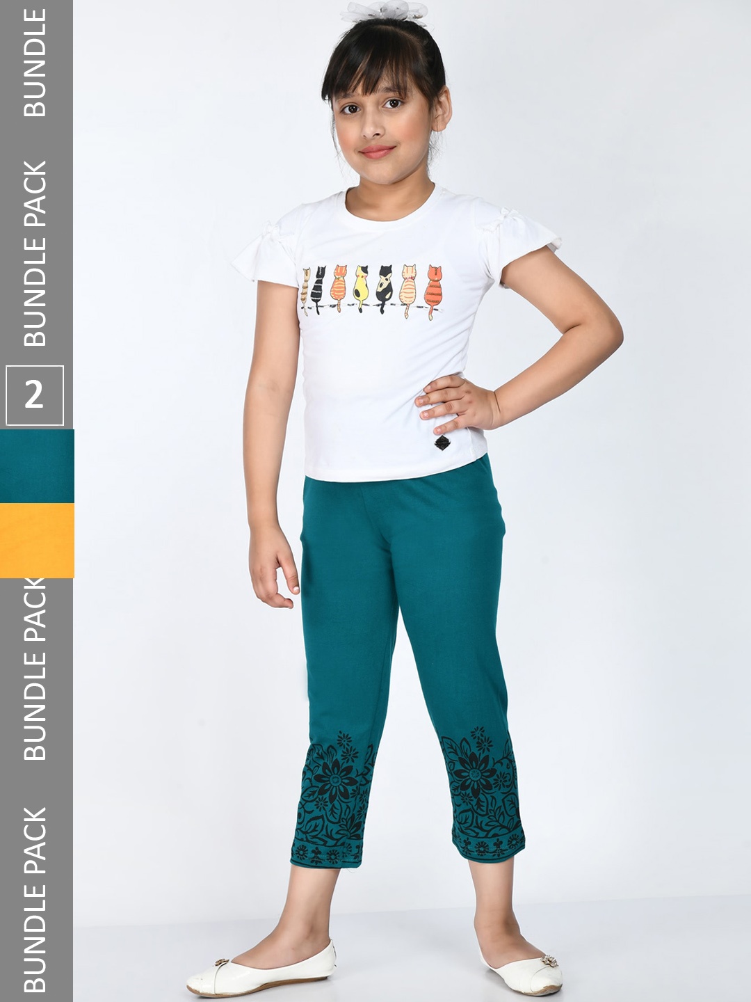 

IndiWeaves Girls Pack of 2 Printed Pure Cotton Capris, Green