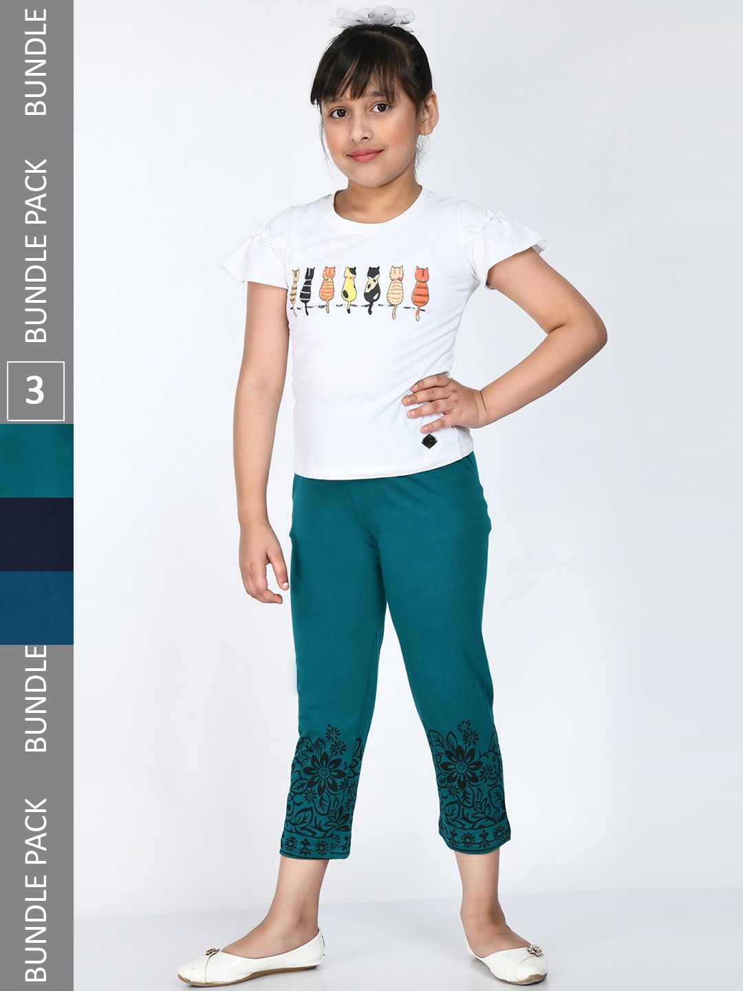 

IndiWeaves Girls Pack of 3 Printed Cotton Lounge Pants, Teal