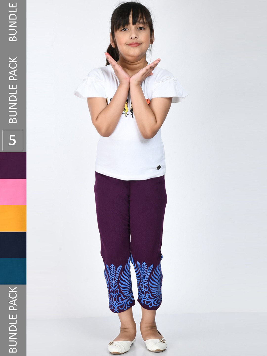 

IndiWeaves Girls Pack of 5 Printed Cotton Capris, Purple