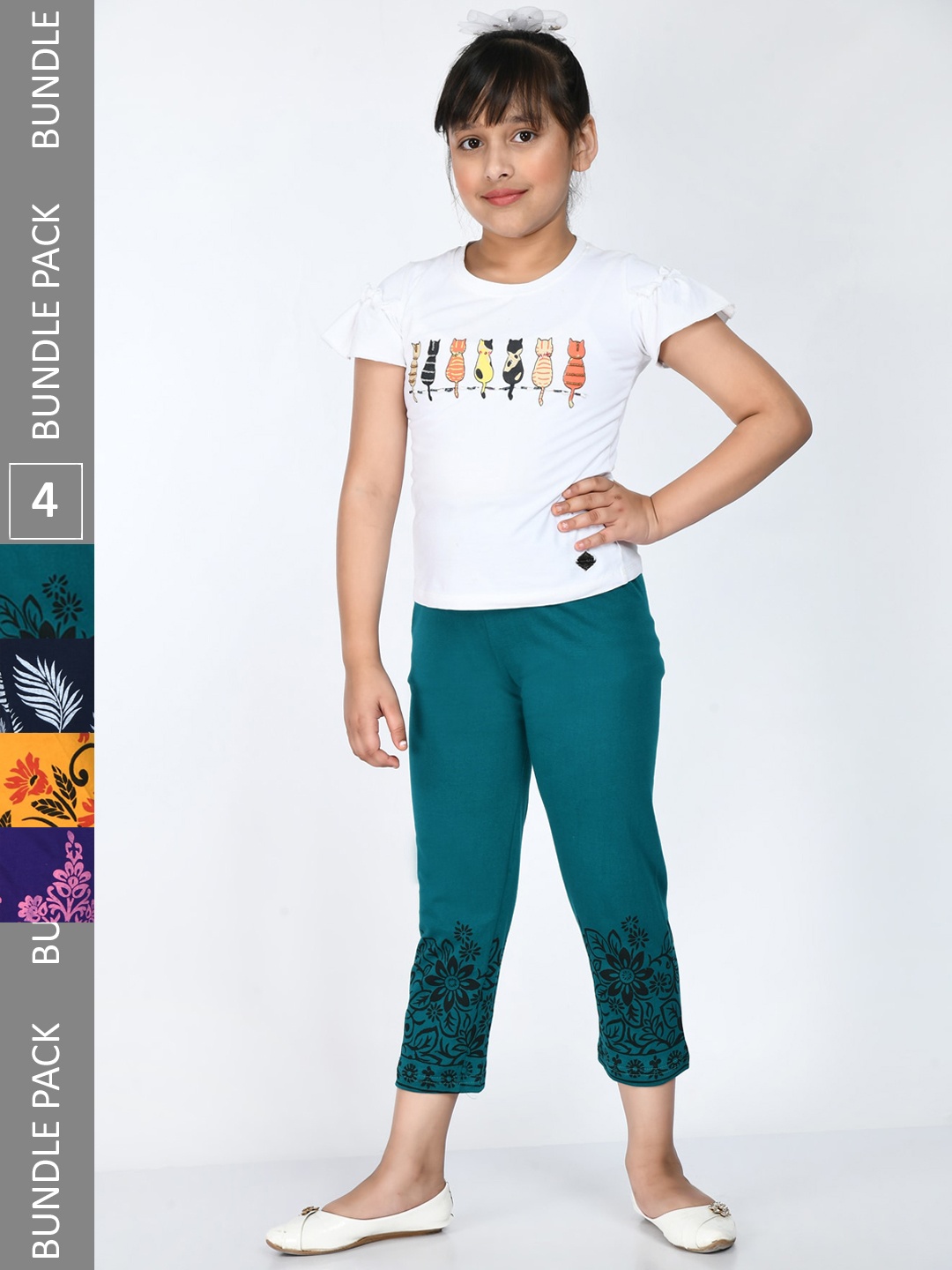 

IndiWeaves Girls Pack of 4 Printed Cotton Capris, Green